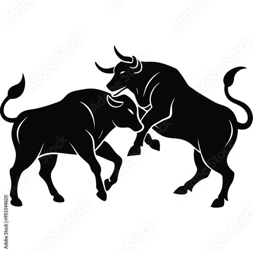 Black silhouette of two fighting bulls with sharp horns in dynamic minimalist tribal-inspired design