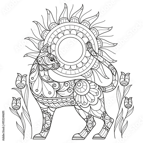 Cat and sun hand drawn for adult coloring book