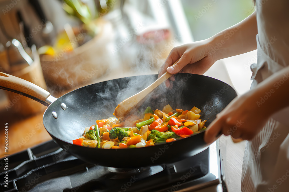 Close-up woman preparing Asian food in wok pan Close-up woman preparing Asian food in wok pan