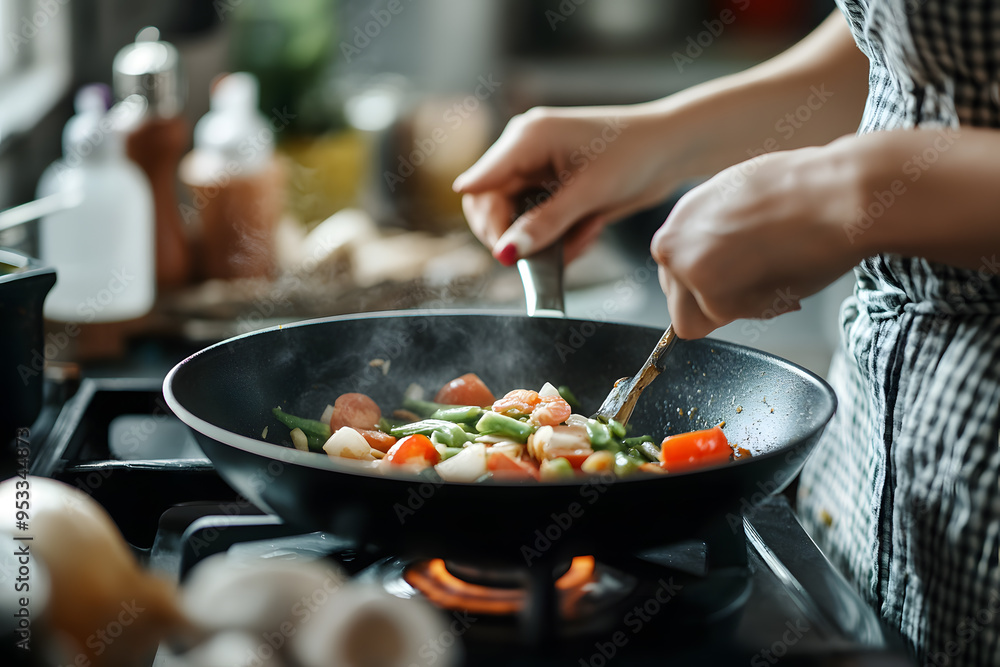 Close-up woman preparing Asian food in wok pan Close-up woman preparing Asian food in wok pan