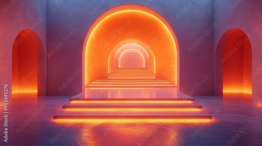 Abstract 3D Render of Geometric Shapes and Steps Illuminated by Sunlight Rays: Modern Minimalist Showcase Scene for Product Presentation Abstract 3D Render of Geometric Shapes and Steps Illuminated by Sunlight Rays: Modern Minimalist Showcase Scene for Product Presentation