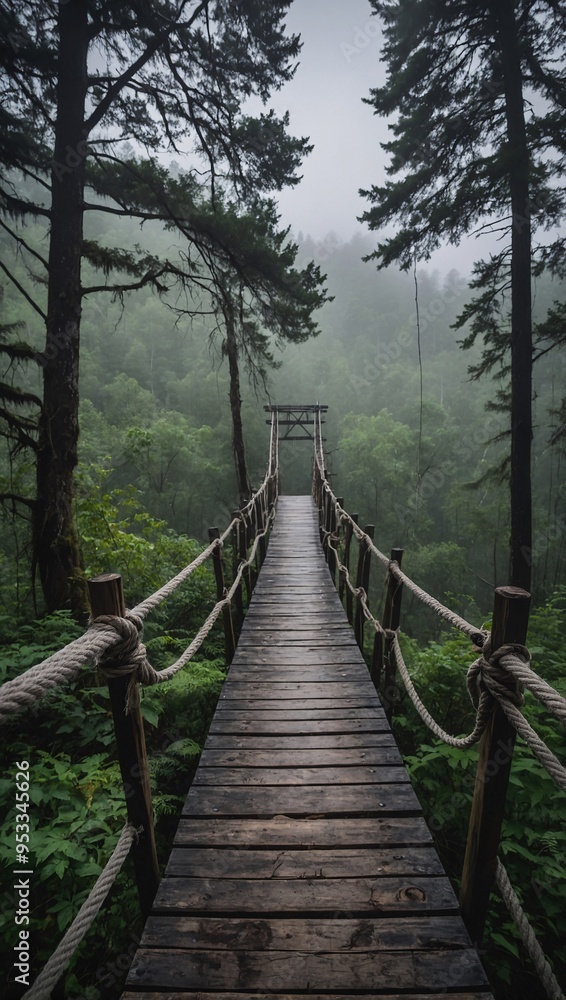 A fraying rope bridge swaying in the wind with a misty forest in the background, evoking a sense of adventure. A fraying rope bridge swaying in the wind with a misty forest in the background, evoking a sense of adventure.