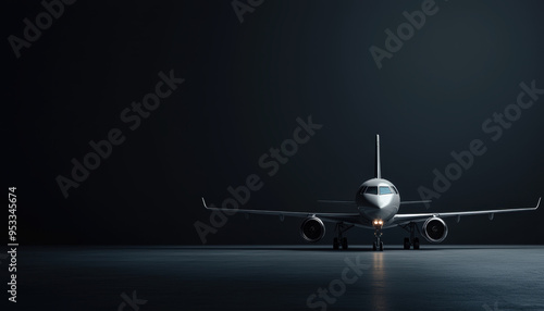 Front view of a modern commercial airplane on a dark runway, ready for takeoff. Perfect for travel, aviation, and transportation themes.