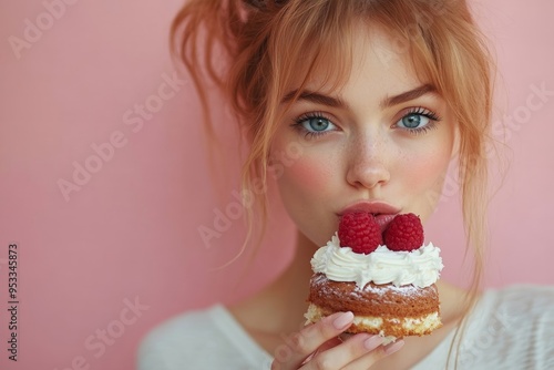 Pretty girl is eating a cake, and looking to se if anyone i seing her, Generative AI photo