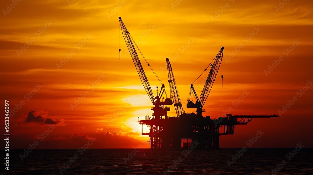 Silhouetted Oil Rig at Sunset with Orange Sky and Rippling Water Silhouetted Oil Rig at Sunset with Orange Sky and Rippling Water
