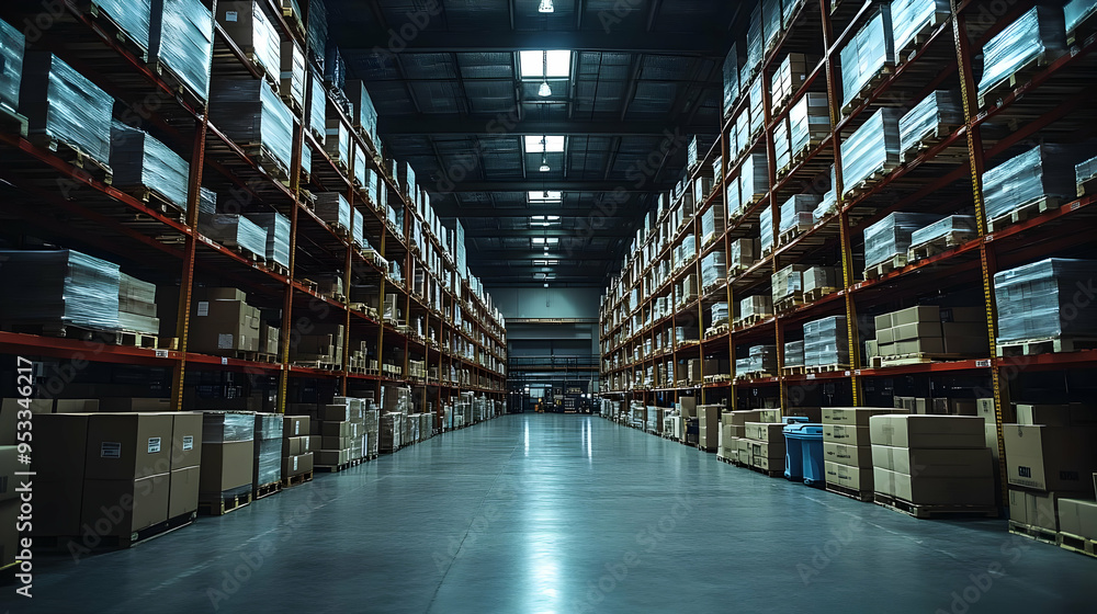 Rows of cardboard boxes stacked high on shelves in a large warehouse. Rows of cardboard boxes stacked high on shelves in a large warehouse.