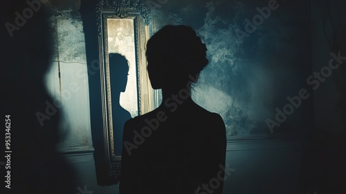 A silhouetted figure stands in front of an aged wall with peeling paint, gazing at their reflection in a vintage, ornate mirror. The lighting is dim, creating a moody, contemplative atmosphere with a 