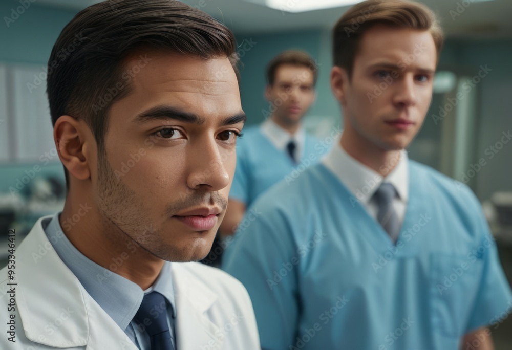 A group of young doctors in a modern clinic, participating in a medical training session, focusing on learning and skill development. A group of young doctors in a modern clinic, participating in a medical training session, focusing on learning and skill development.