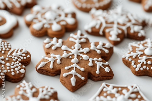 Christmas gingerbread cookies decorated with icing on white background.