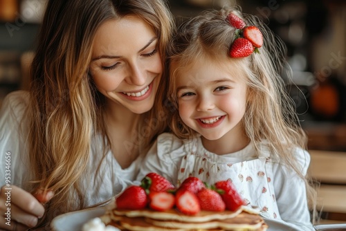 cropped shot of mother and daughter eating pancakes with strawberries, Generative AI