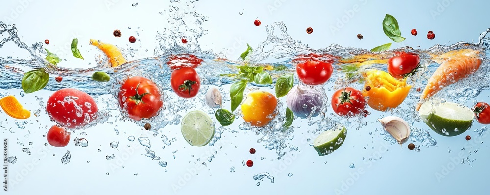 Artistic composition of Tom Yum Goong ingredients floating in water, dynamic splashes, sharp details, gradient appetizing background, have large negative space for text Artistic composition of Tom Yum Goong ingredients floating in water, dynamic splashes, sharp details, gradient appetizing background, have large negative space for text