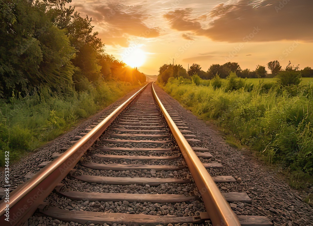 Fototapeta premium The sun is slowly setting behind the distant train tracks in view