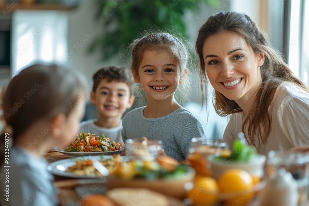 children and eating food in home together for lunch, dinner table and healthy meal. Happy family, mother and kids smile for dining in house with love, care and happiness of delicious, Generative AI children and eating food in home together for lunch, dinner table and healthy meal. Happy family, mother and kids smile for dining in house with love, care and happiness of delicious, Generative AI