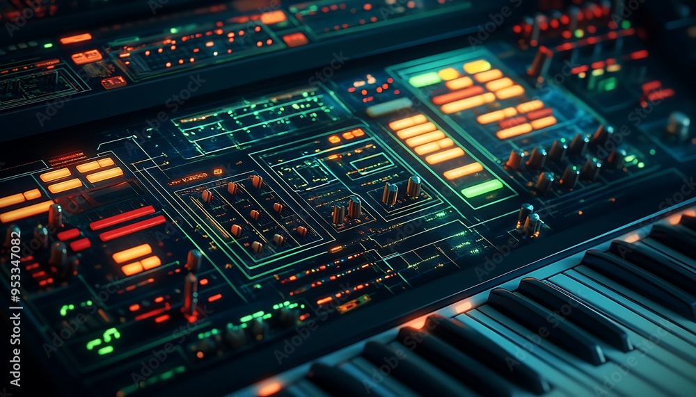 Close-up of a Retro-Futuristic Synthesizer Keyboard Close-up of a Retro-Futuristic Synthesizer Keyboard