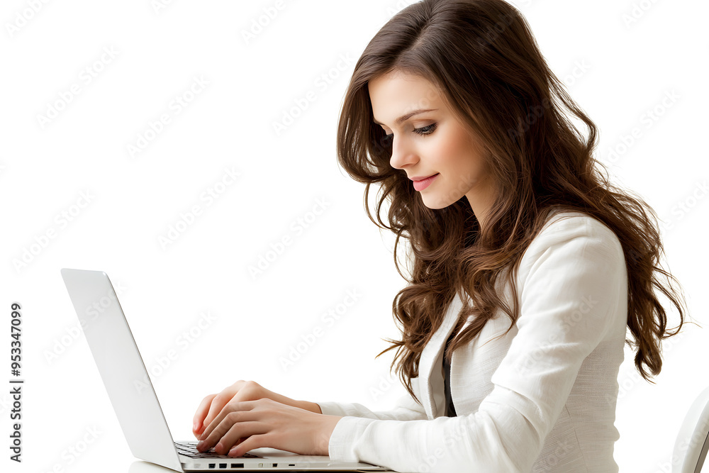 Fototapeta premium Beautiful attractive young woman working on laptop isolated on white background