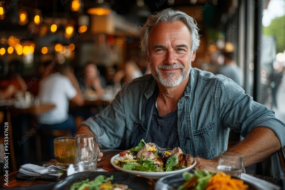 Man eating healthy meal in the restaurant. Mid age man eating healthy meal, Generative AI Man eating healthy meal in the restaurant. Mid age man eating healthy meal, Generative AI