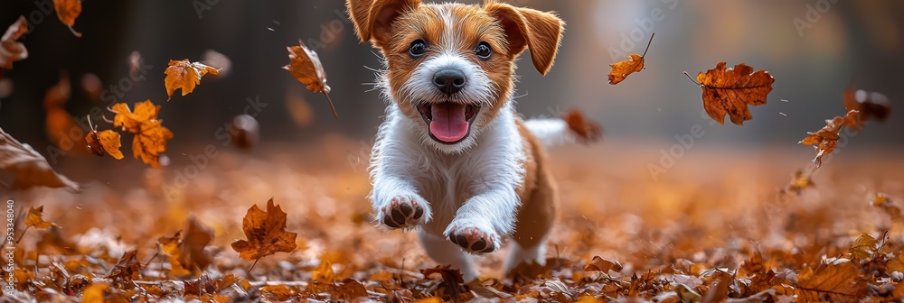 Cute dog running and playing in the park, surrounded by falling leaves, smiling with his tongue out Cute dog running and playing in the park, surrounded by falling leaves, smiling with his tongue out