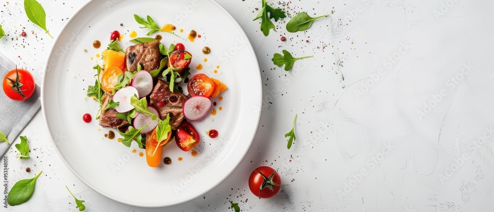 A vibrant salad featuring fresh vegetables, herbs, and colorful ingredients arranged artistically on a white plate. A vibrant salad featuring fresh vegetables, herbs, and colorful ingredients arranged artistically on a white plate.