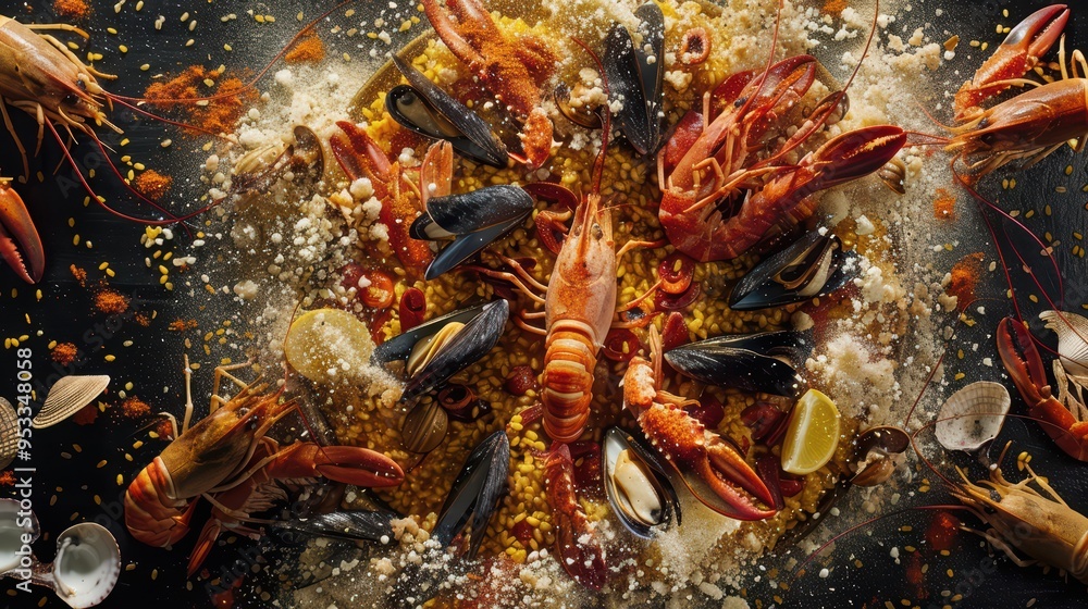 A vibrant seafood dish featuring shrimp, mussels, and clams, beautifully arranged on a rustic background. A vibrant seafood dish featuring shrimp, mussels, and clams, beautifully arranged on a rustic background.
