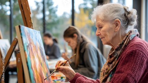 An elderly woman is painting in an art class, with a young female teacher and other students also working on their paintings in the background