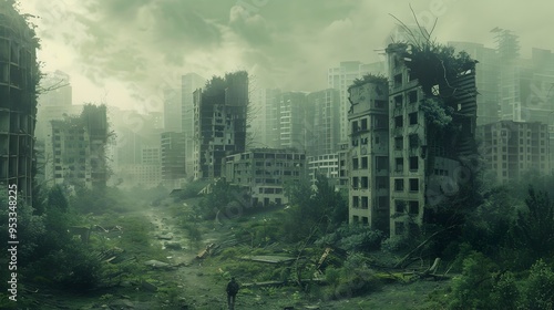 Lone Survivor in a Post Apocalyptic Urban Landscape of Decaying Buildings and Overgrown Nature