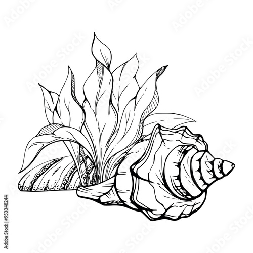 Marine life, sea ocean underwater creatures fish, shells algae seaweed, Ink and pen sketch hand drawn. Composition illustration, stylized, isolated on white. For zoo shop, aquarium, cosmetics, resort