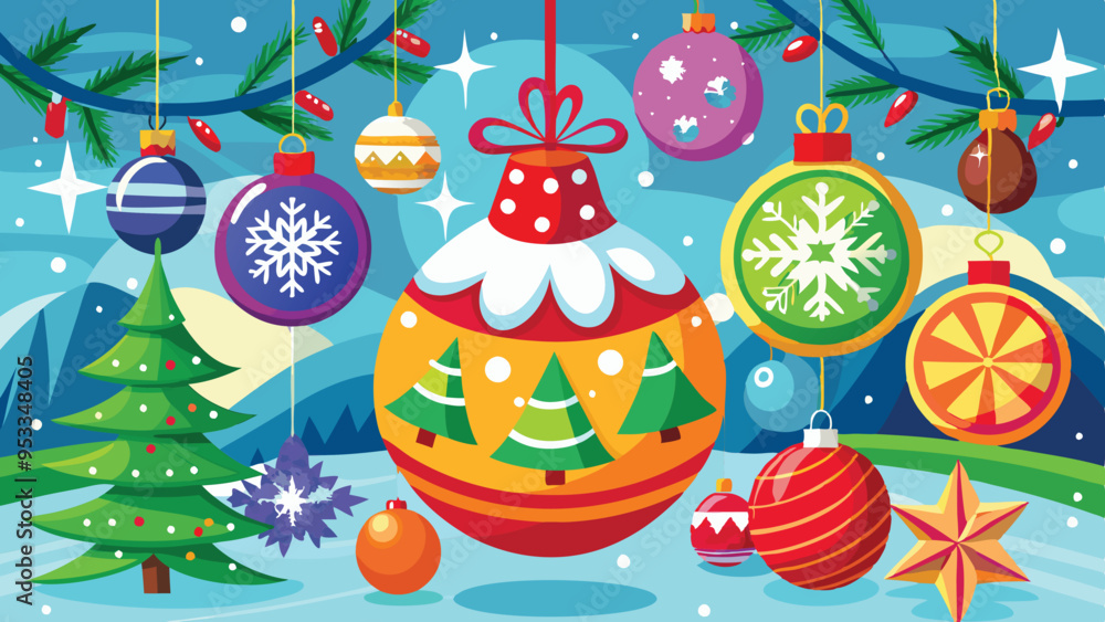Merry Christmas card with hanging ball decoration Vector illustration white style background. Generative AI Merry Christmas card with hanging ball decoration Vector illustration white style background. Generative AI