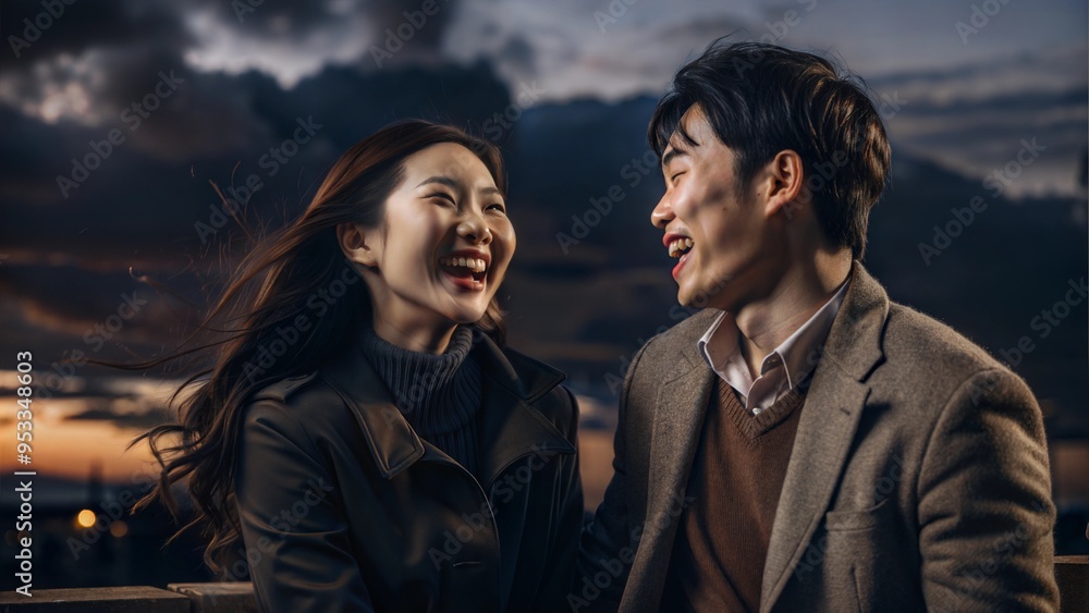 young beautiful woman and asian man laugh against young beautiful woman and asian man laugh against