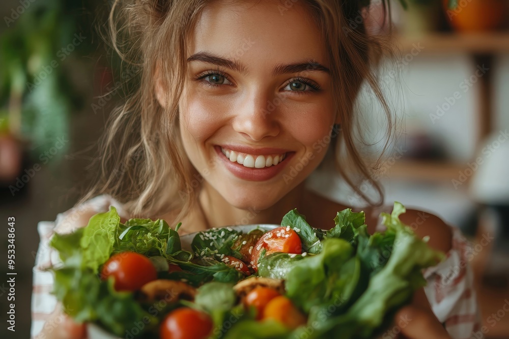Healthy lifestyle woman eating salad smiling happy, Generative AI Healthy lifestyle woman eating salad smiling happy, Generative AI