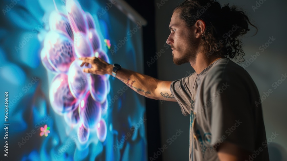 An artist creating a mural using vision software to project an expanded version of the artwork onto a large wall. An artist creating a mural using vision software to project an expanded version of the artwork onto a large wall.
