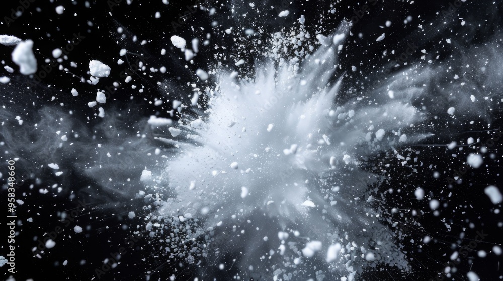 Snow explosion isolated on black background. Abstract dynamic cloud of white dust particles dispersing overlay design. Winter storm element creative collage. Snow explosion isolated on black background. Abstract dynamic cloud of white dust particles dispersing overlay design. Winter storm element creative collage.