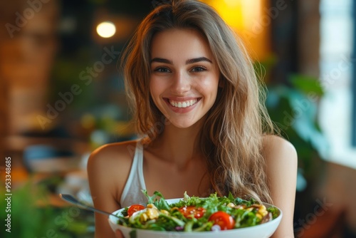 Healthy lifestyle woman eating salad smiling happy, Generative AI