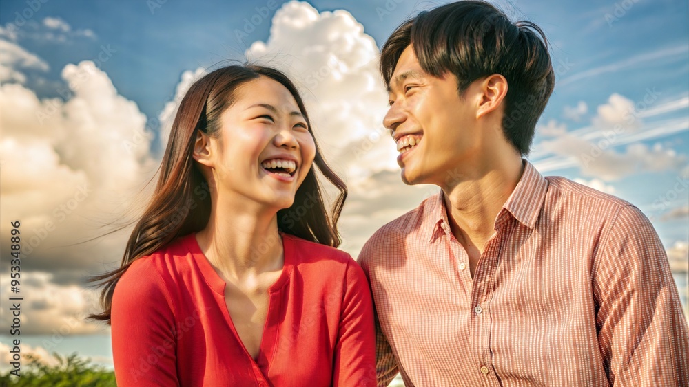 young beautiful woman and asian man laugh against young beautiful woman and asian man laugh against