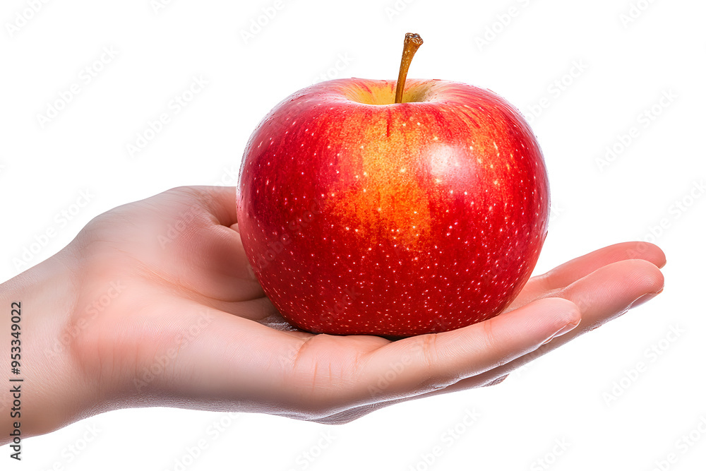 Female hand holding red apple isolated on white background Female hand holding red apple isolated on white background