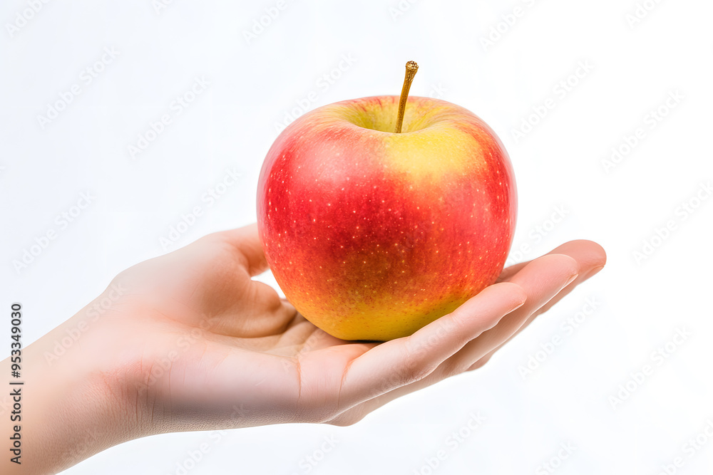 Female hand holding red apple isolated on white background Female hand holding red apple isolated on white background