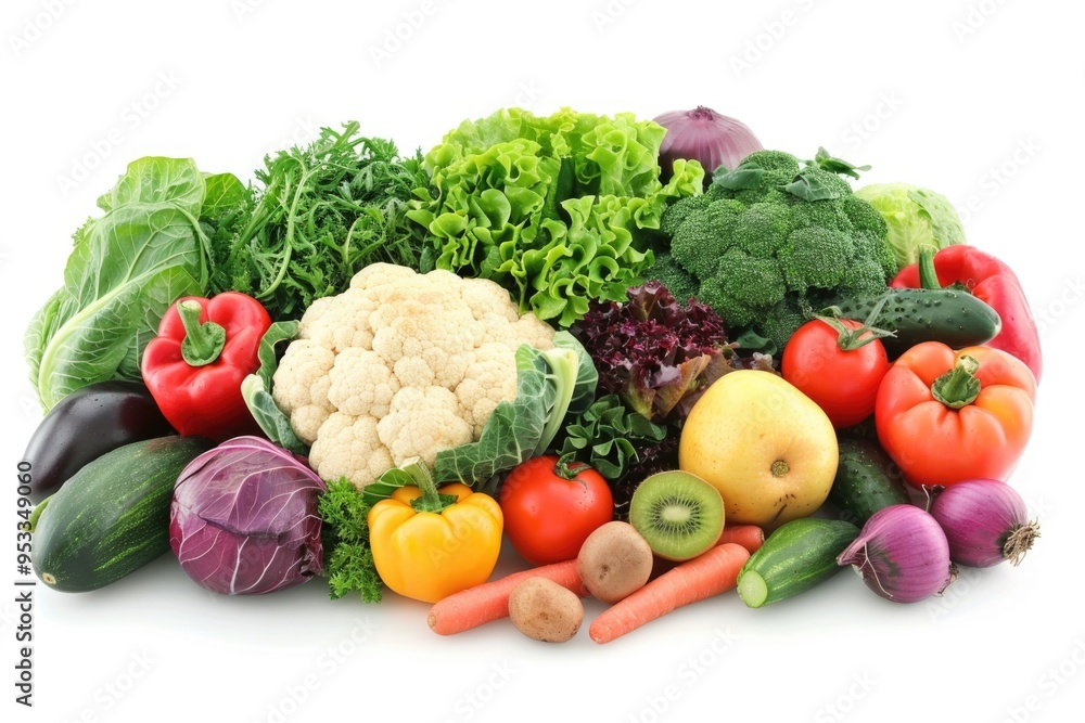 A colorful arrangement of seasonal produce on a white background, perfect for food photography or promotional materials A colorful arrangement of seasonal produce on a white background, perfect for food photography or promotional materials