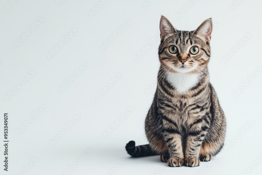 Studio portrait of a sitting tabby cat looking forward against a white backdground , ai Studio portrait of a sitting tabby cat looking forward against a white backdground , ai