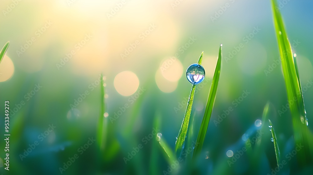 Fototapeta premium Dazzling Dew Droplet on Vibrant Green Leaf in Lush Garden