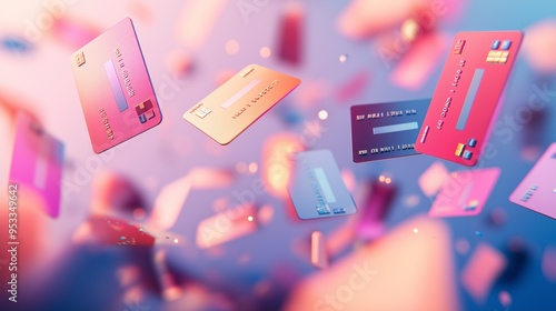 Floating credit cards on a dynamic, blurred pink and blue background. Modern finance and technology concept. photo