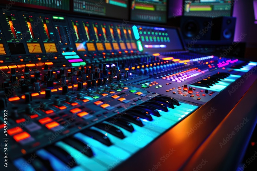 A professional audio mixing console with numerous LED lights and controls, ideal for live performances or studio recordings A professional audio mixing console with numerous LED lights and controls, ideal for live performances or studio recordings