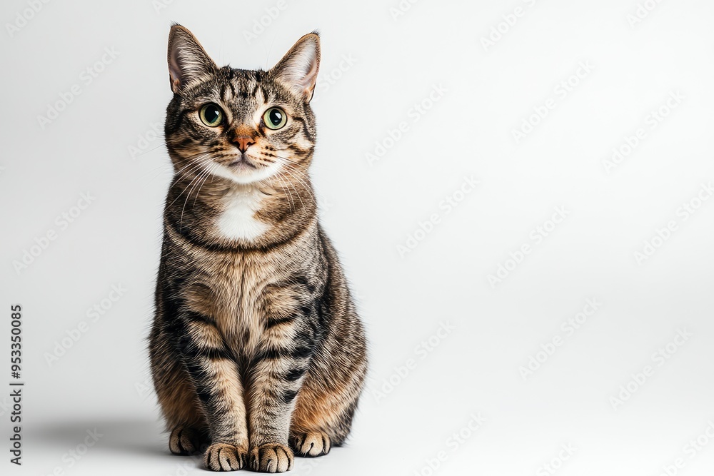 Studio portrait of a sitting tabby cat looking forward against a white backdground , ai Studio portrait of a sitting tabby cat looking forward against a white backdground , ai
