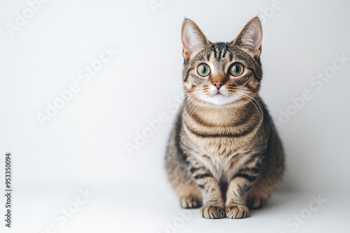 Studio portrait of a sitting tabby cat looking forward against a white backdground , ai