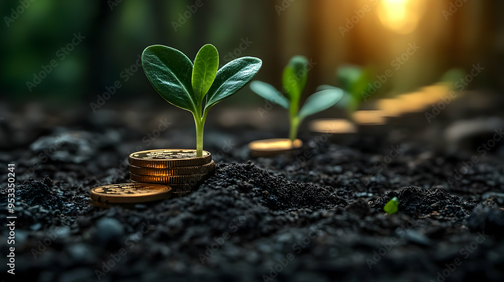 Seedlings growing from a stack of gold coins in the soil. Seedlings growing from a stack of gold coins in the soil.