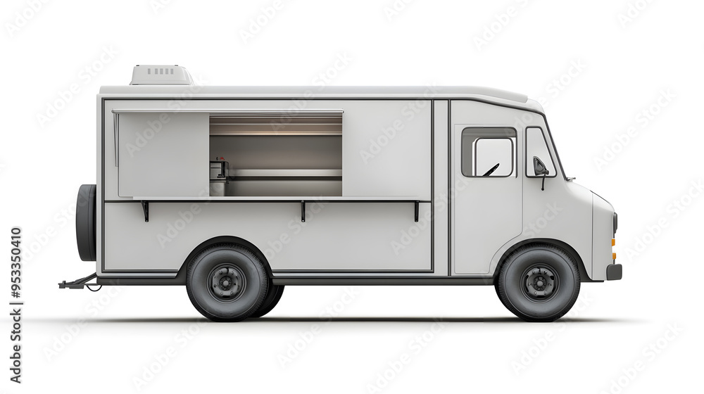 3d White Realistic Food Truck isolated on white background. Takeaway food and drinks van mock up 3d White Realistic Food Truck isolated on white background. Takeaway food and drinks van mock up