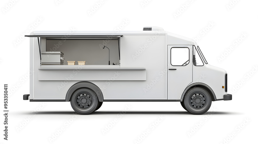 3d White Realistic Food Truck isolated on white background. Takeaway food and drinks van mock up 3d White Realistic Food Truck isolated on white background. Takeaway food and drinks van mock up