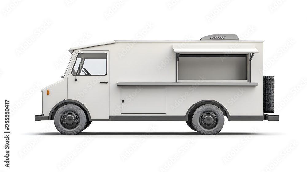 3d White Realistic Food Truck isolated on white background. Takeaway food and drinks van mock up 3d White Realistic Food Truck isolated on white background. Takeaway food and drinks van mock up