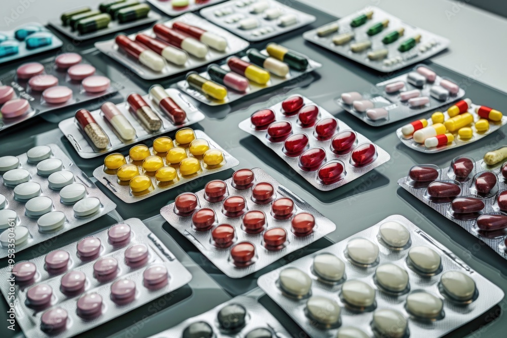 A colorful array of medication bottles on a table top A colorful array of medication bottles on a table top