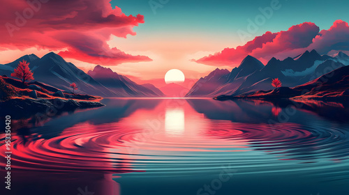 Serene lake with red sunset...