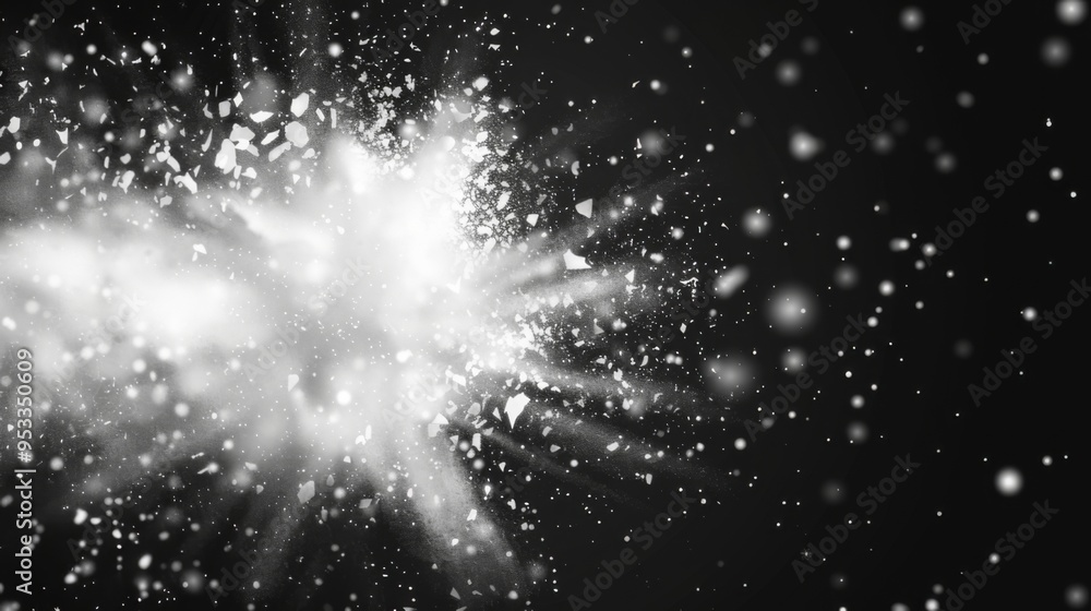 Snow explosion isolated on black background. Abstract dynamic cloud of white dust particles dispersing overlay design. Winter storm element creative collage. Snow explosion isolated on black background. Abstract dynamic cloud of white dust particles dispersing overlay design. Winter storm element creative collage.