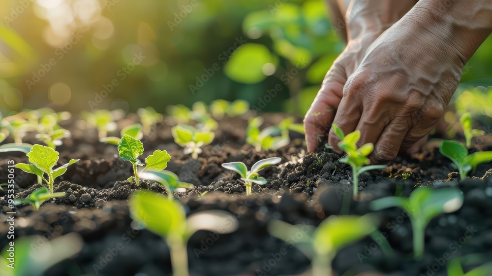 Close-up of hands planting seedlings in rich soil, illustrating the beauty of nature and the growth process in gardening. Close-up of hands planting seedlings in rich soil, illustrating the beauty of nature and the growth process in gardening.